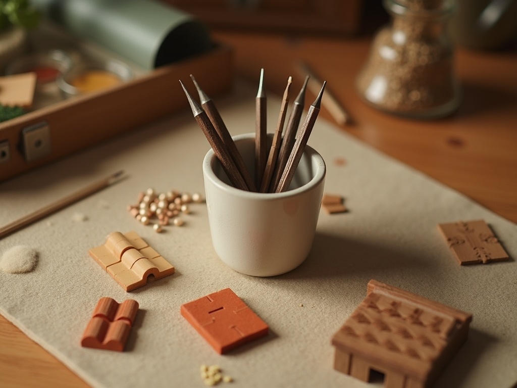 Organized miniature craft workstation with precision tweezers stored tip-down in a ceramic cup alongside kit components