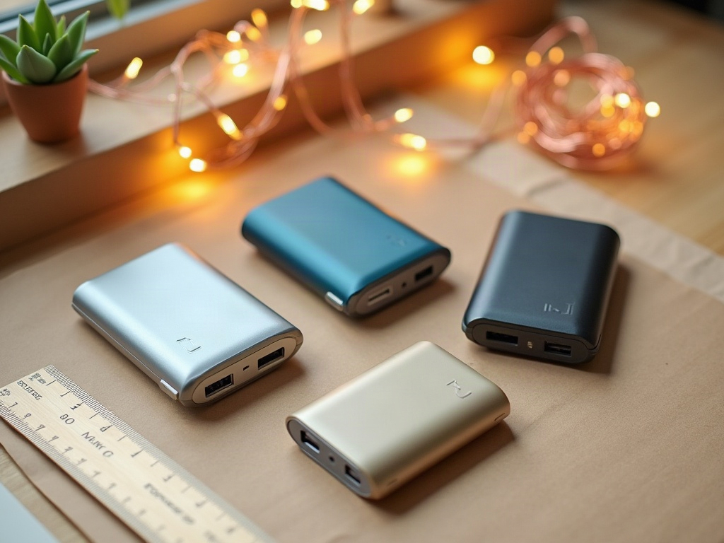 Three compact USB power banks next to miniature LED fairy lights and a ruler for scale