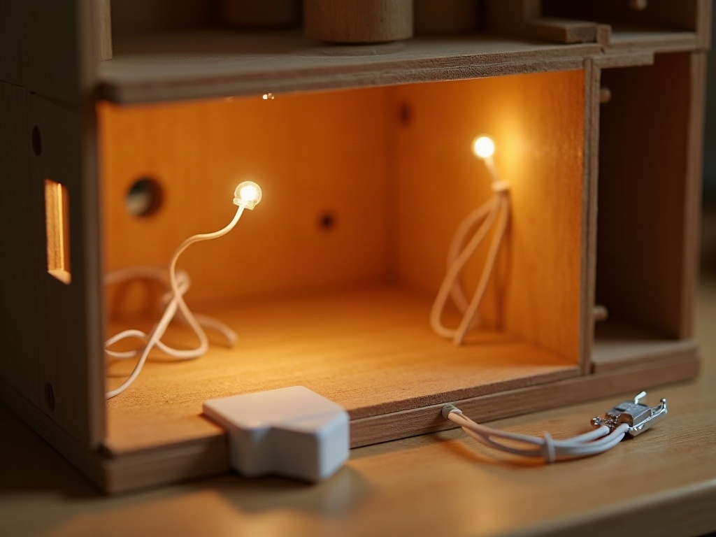 Copper wire LEDs wired through a dollhouse room box connected to a USB power bank hidden under the base