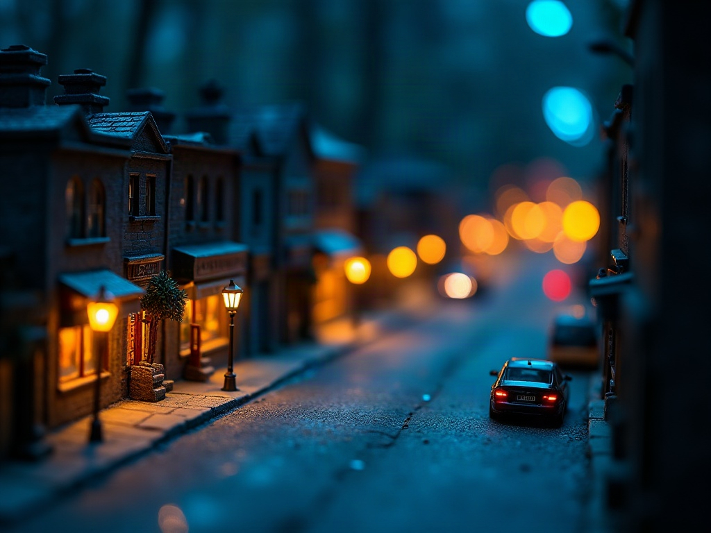 Lit miniature city street diorama with tiny LED streetlamps powered by a USB bank on a display shelf