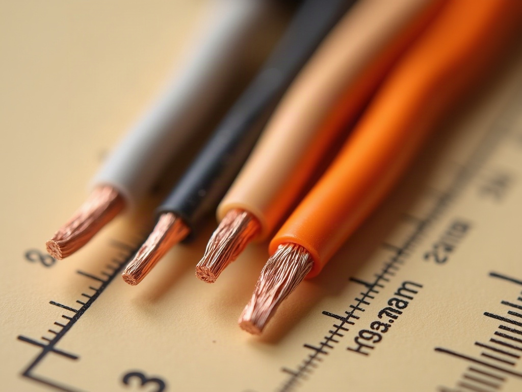 Four gauges of insulated copper wire from 28 AWG to 34 AWG laid side by side on a millimeter grid for scale comparison