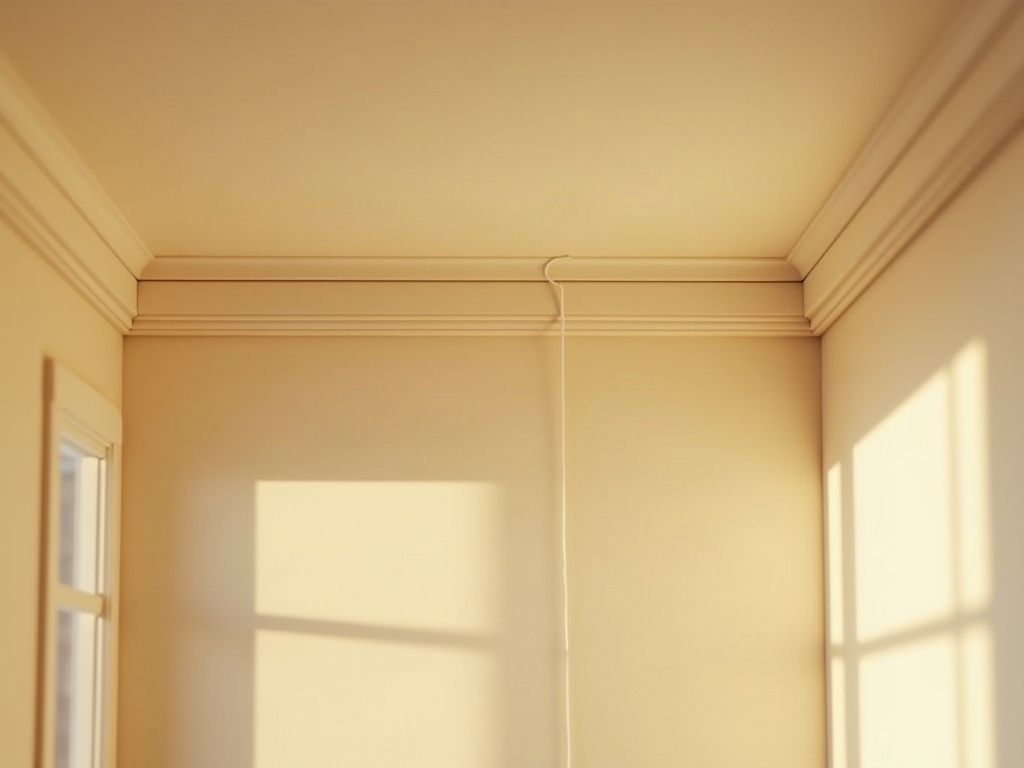 Thin white wire routed invisibly along a dollhouse ceiling cornice, blending into cream painted plaster in a finished 1:12 scale miniature room