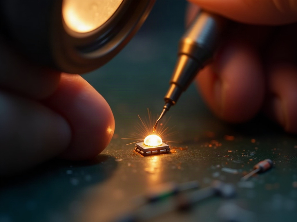 Close-up of a fine-tip soldering iron making contact with a miniature SMD LED pad with visible clean solder flow and a magnifying loupe nearby