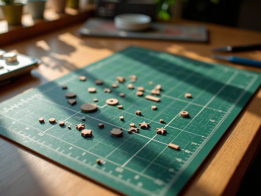 Dark green self-healing cutting mat with tiny laser-cut miniature wood pieces arranged for a dollhouse build