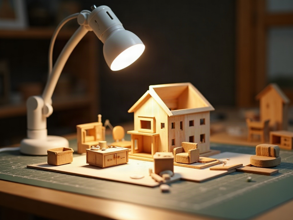 Daylight LED task lamp at 45-degree angle illuminating a miniature dollhouse kit on a cutting mat with no hand shadows
