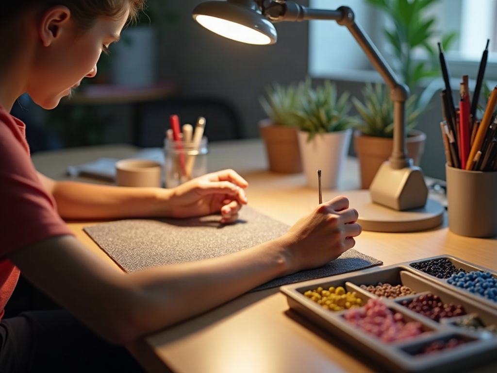 Ergonomic miniature building workstation with wrist rest, organized parts trays, and task lamp at correct working height