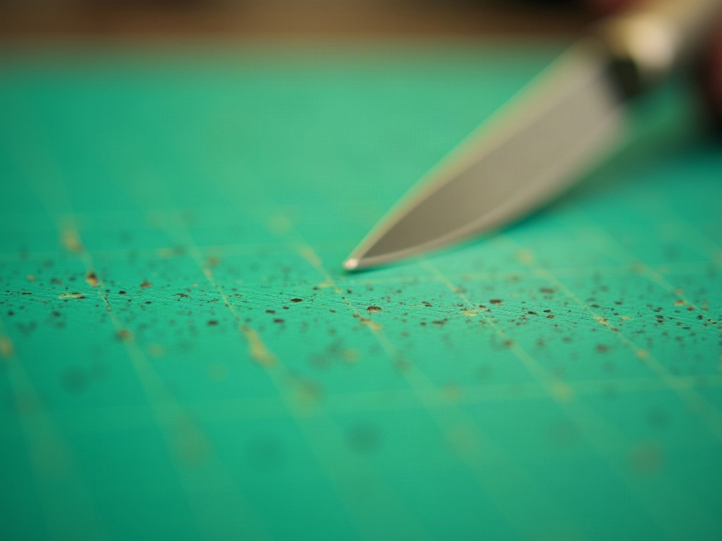 Close-up of a self-healing cutting mat surface showing healed cut lines and a craft knife blade