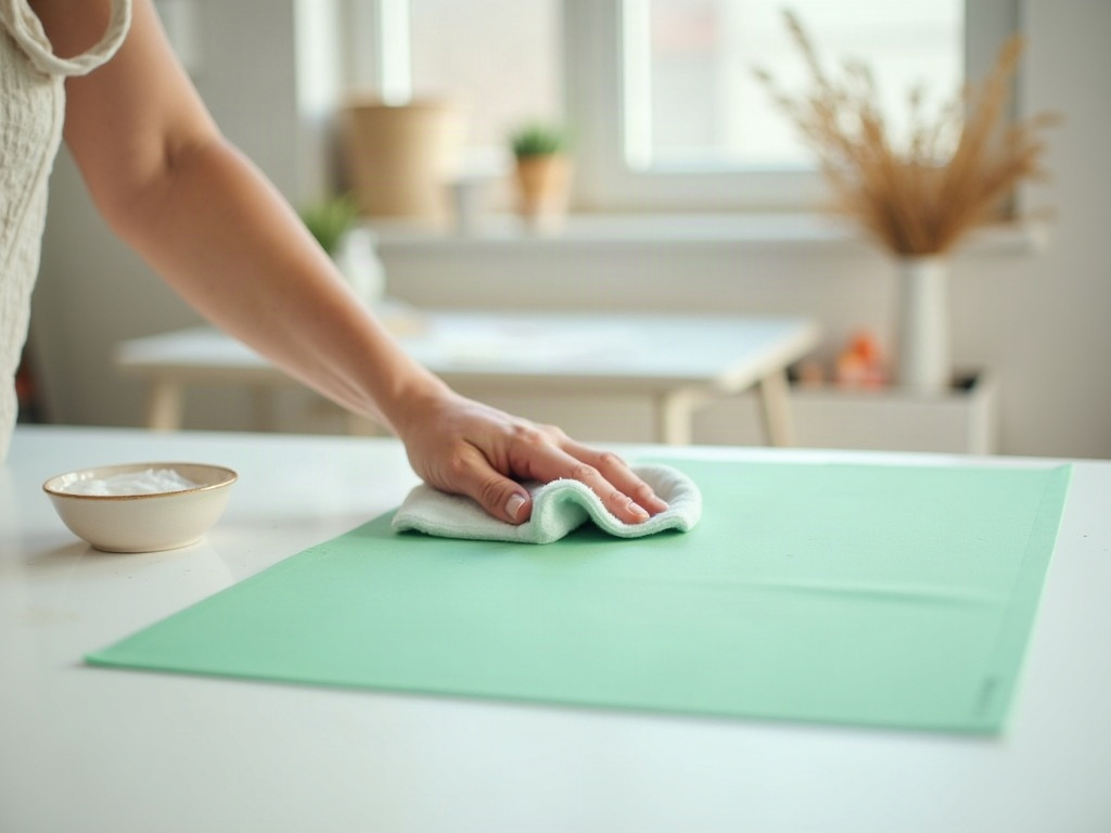 Crafter cleaning a self-healing cutting mat with a damp cloth to maintain its surface