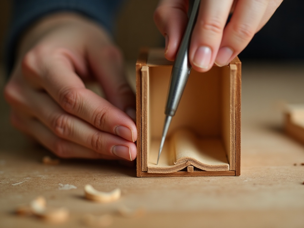 Crafter using fine-point tweezers to place a miniature bookshelf piece inside a book nook kit