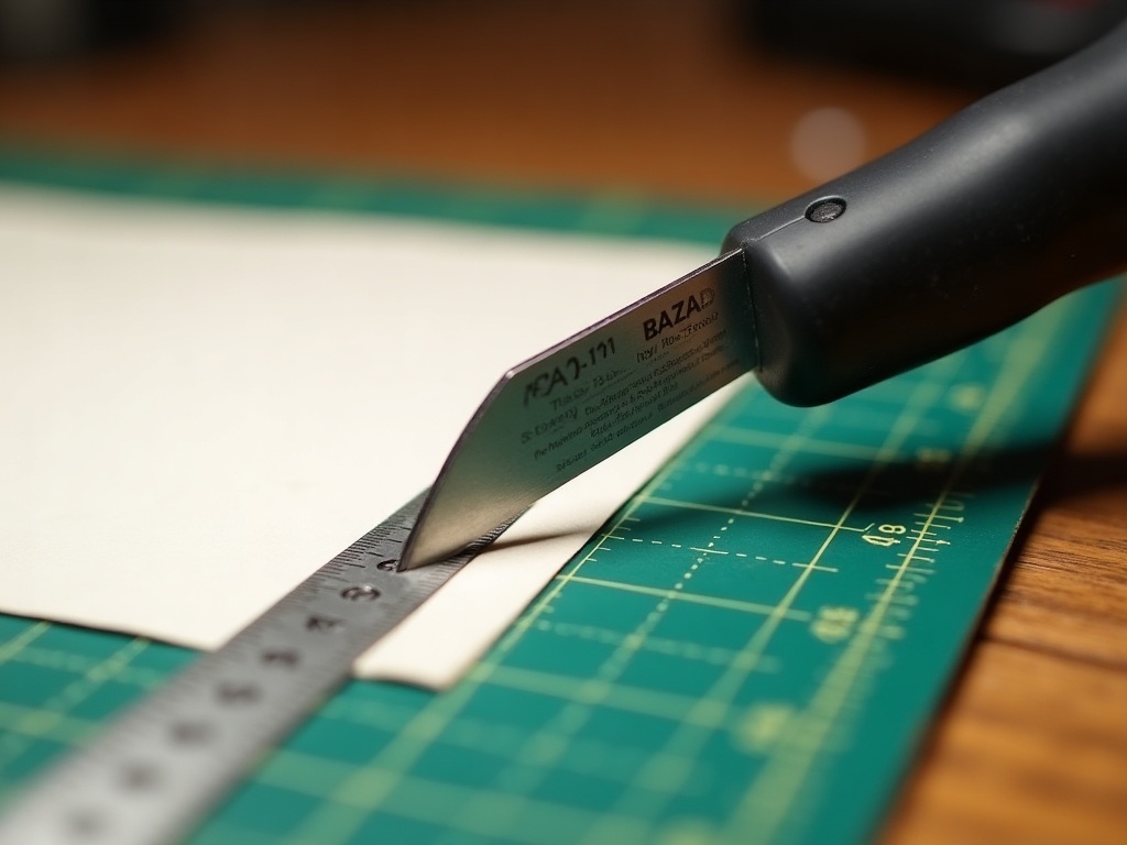 Hobby knife scoring a fold line on card stock along a steel ruler on a self-healing cutting mat
