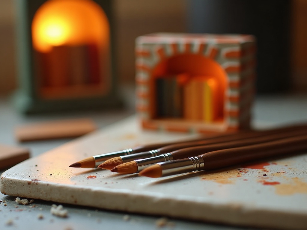 Set of small round artist brushes next to a miniature book nook scene with painted brick walls