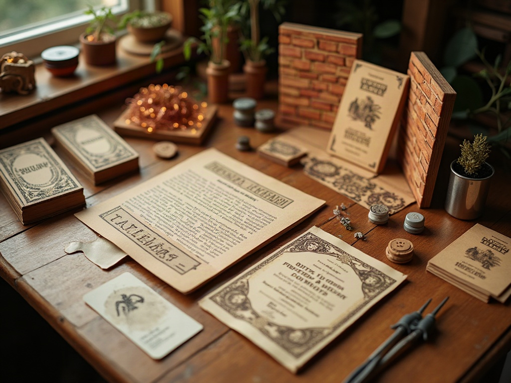 Wizarding-inspired book nook kit components laid out on a wooden table including wooden panels, LED lights, and miniature potion bottles