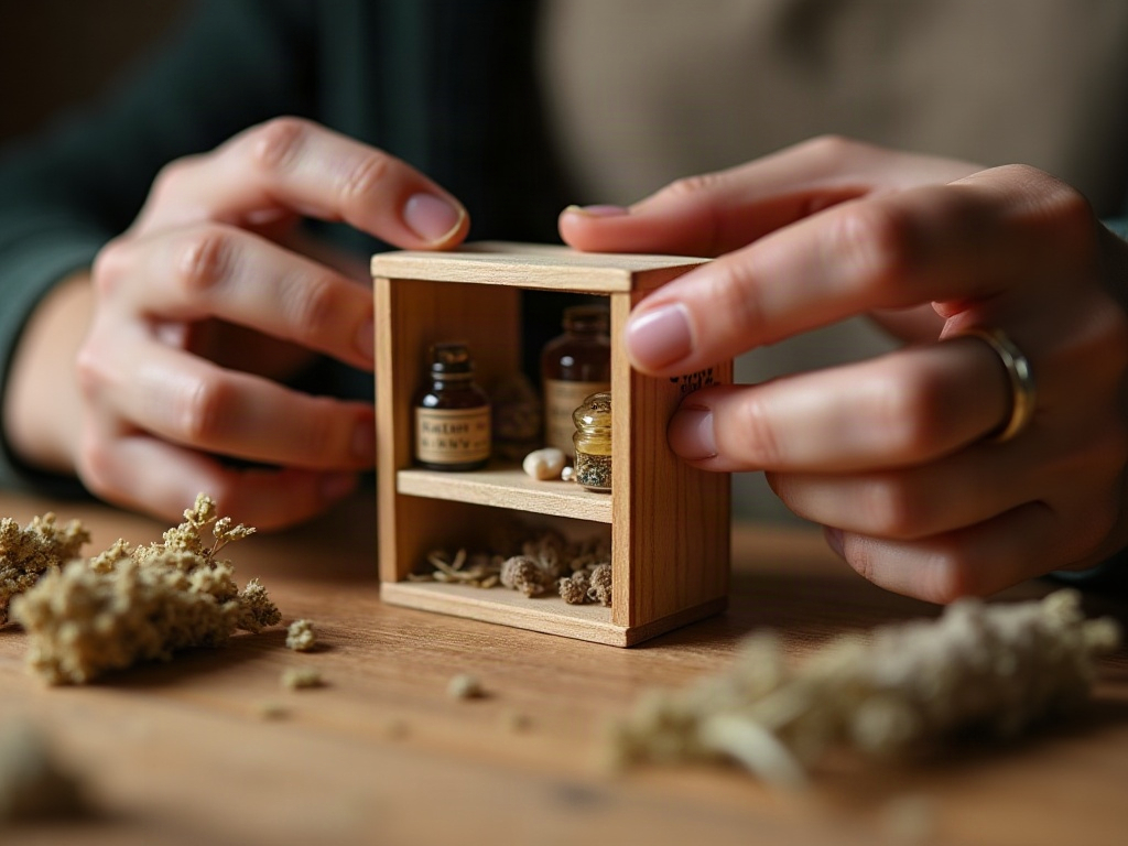 Hands assembling a miniature wizarding apothecary shop book nook, applying wood glue to a laser-cut shelf panel