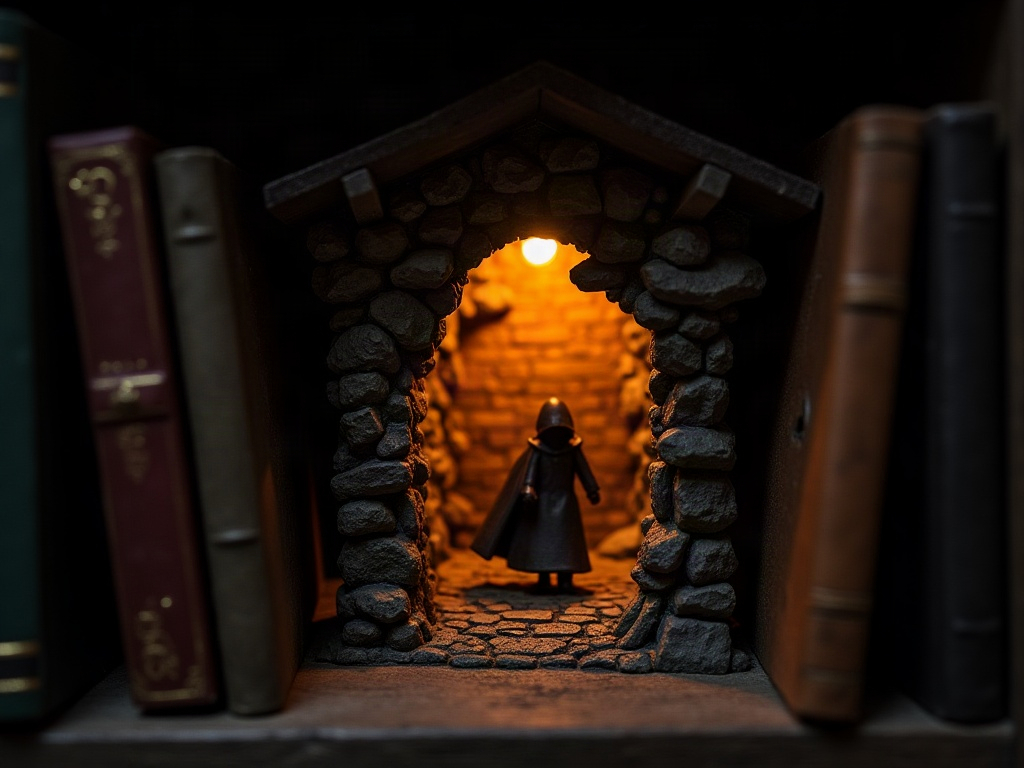 Finished fantasy book nook glowing between hardcover books on a wooden shelf, showing a cobblestone street scene with warm amber light
