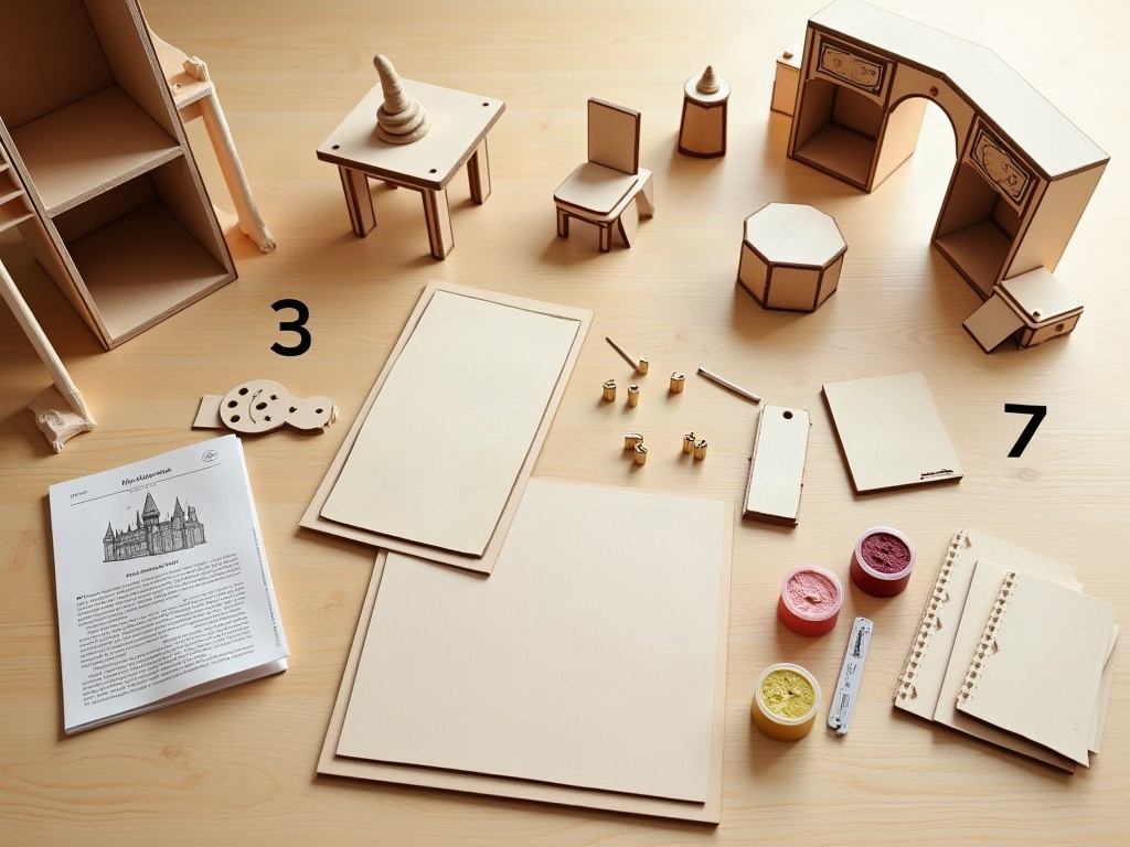 Unassembled Hogwarts inspired book nook kit components laid out on a craft table including MDF panels, miniature furniture and LED strip