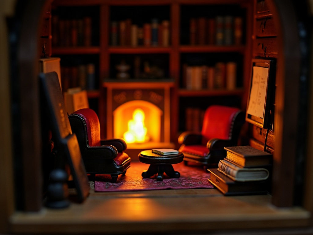Completed Gryffindor common room book nook glowing between books on a shelf with tiny armchairs and a lit fireplace effect