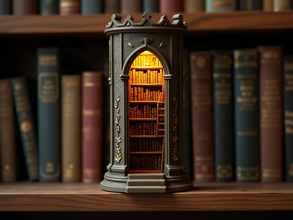 Miniature wizarding library tower book nook with tiny bookshelves rolling ladder and warm LED glow displayed on a real bookshelf