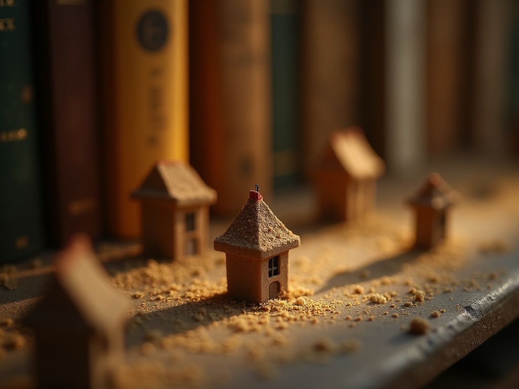Dust settling on miniature book nook rooftops and window ledges under shelf lighting