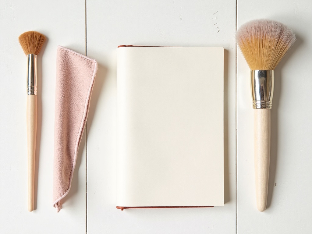 Book nook cleaning tools including soft brush, rubber air blower, microfiber cloth, and makeup brush laid on a wooden surface