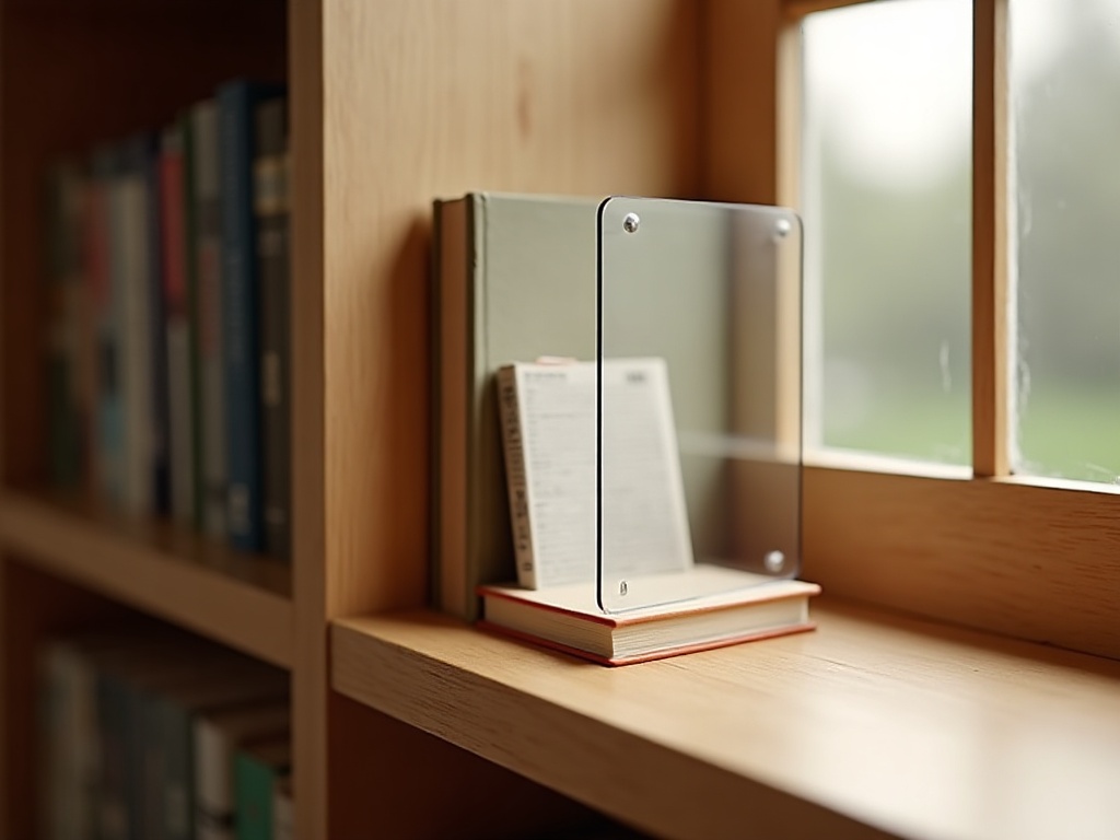 Clear acrylic dust cover panel protecting a miniature book nook on a wooden bookshelf
