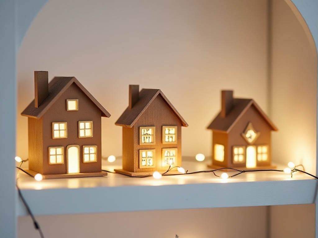 Three miniature houses displayed on a floating shelf with warm LED fairy lights