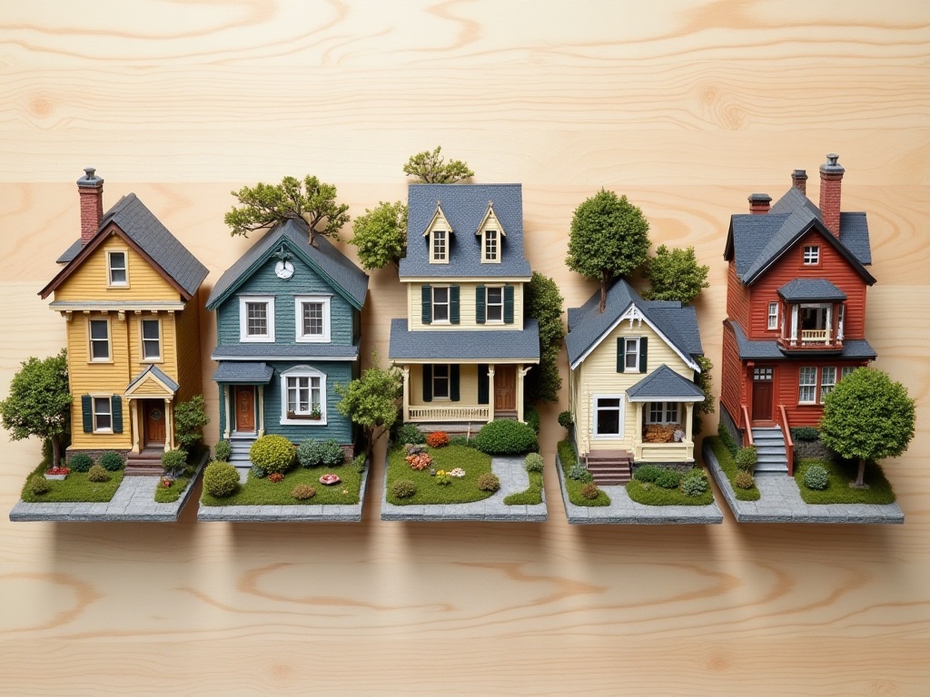 Miniature house collection organized by theme groups on a light wood surface
