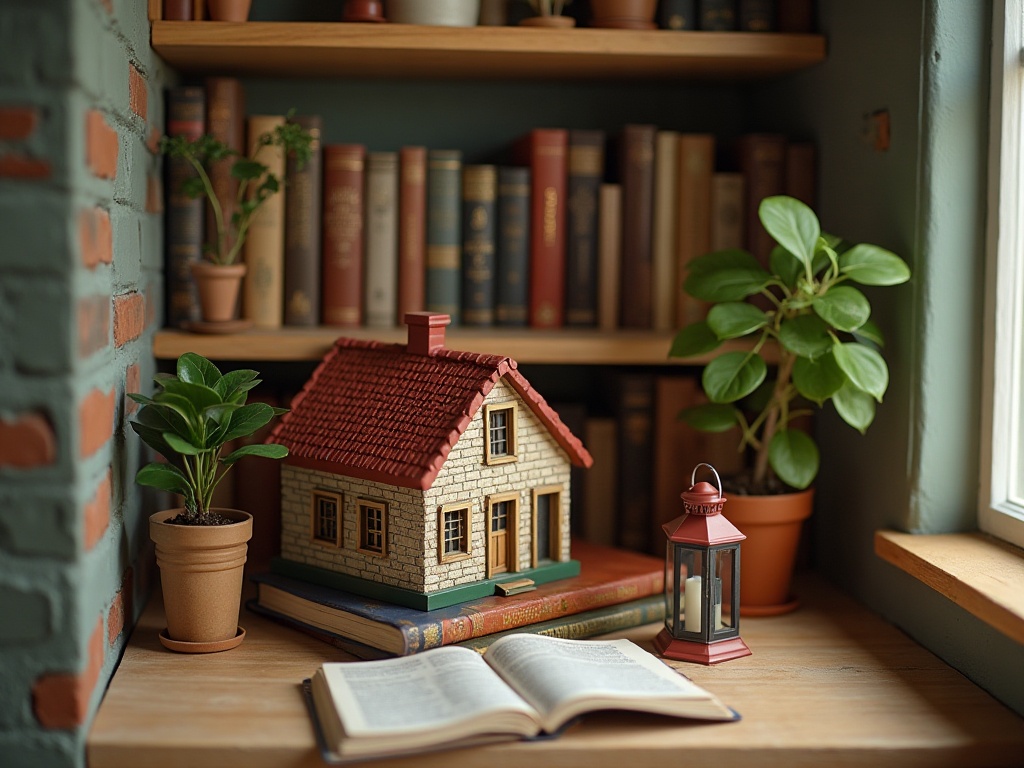 Miniature house displayed as a centerpiece in a styled bookshelf nook with accessories