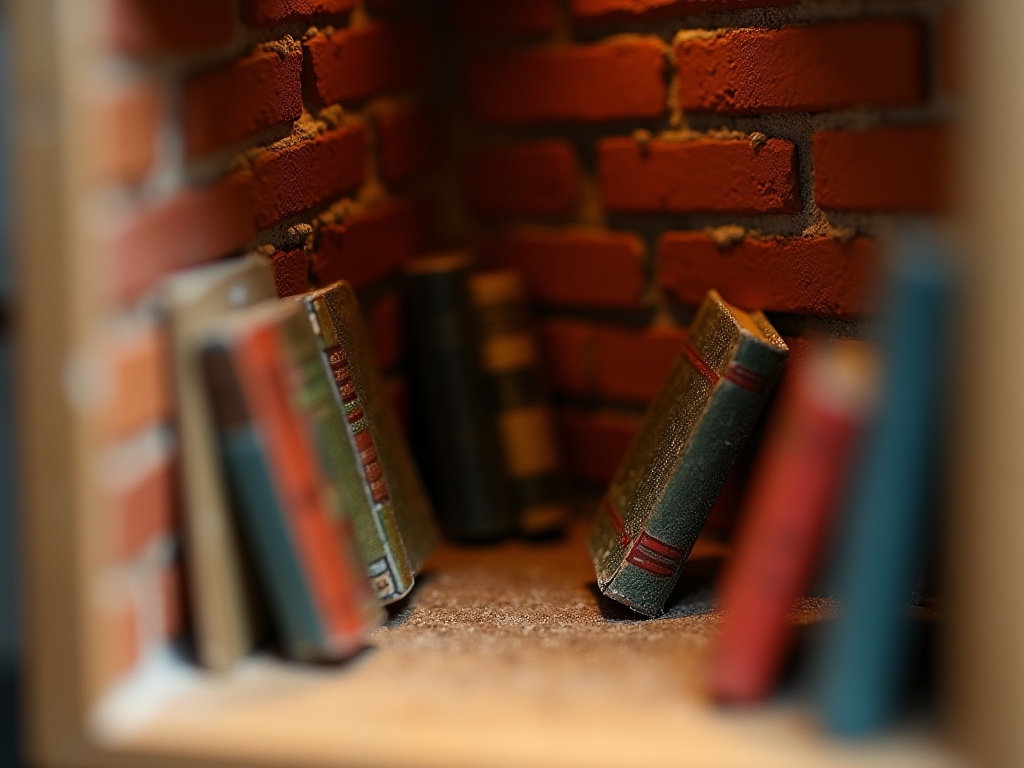 Close-up of dust accumulating on detailed brick texture inside a miniature book nook