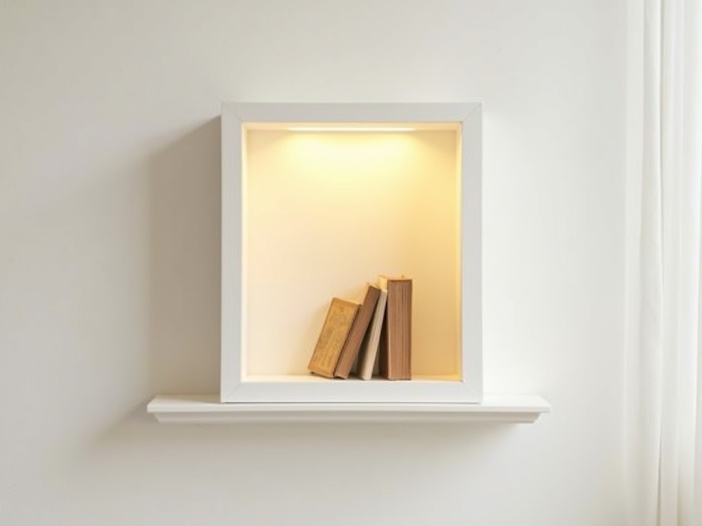Miniature book nook protected inside a clear glass display case on a bookshelf