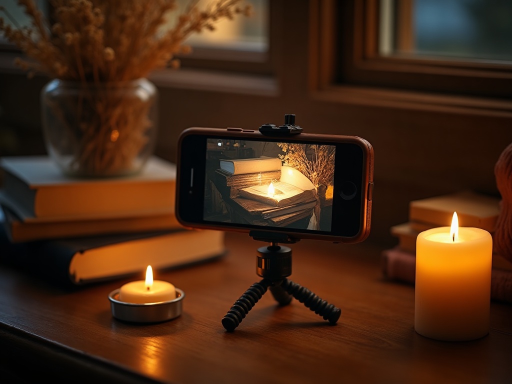 Smartphone on a mini tripod photographing a book nook at eye level with styled props
