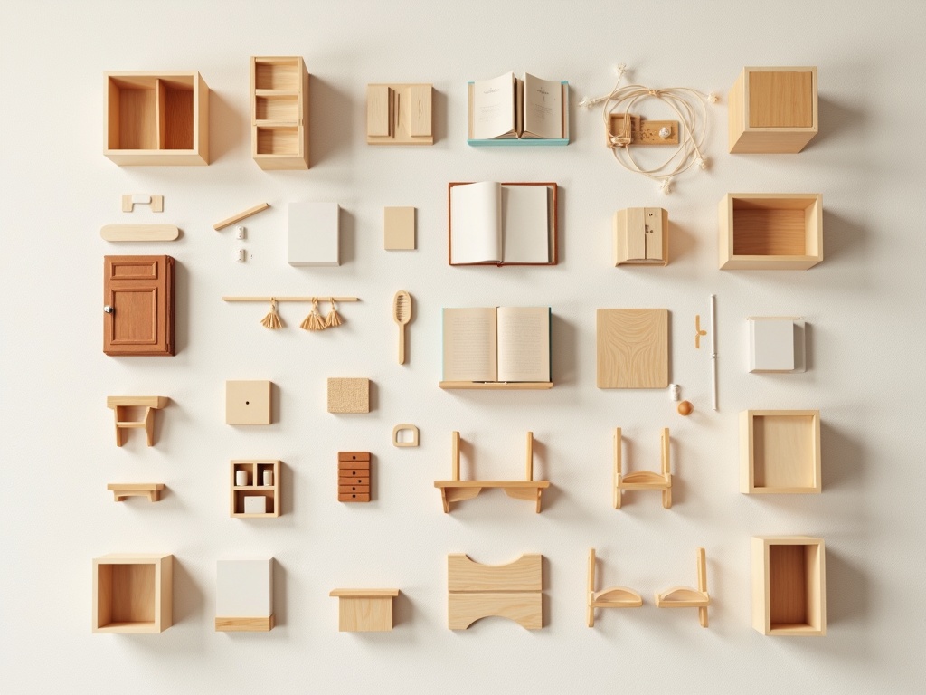 Flat lay of book nook kit components arranged by category on a linen background before assembly
