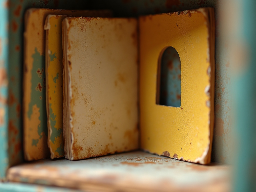 Close-up of a book nook showing UV fading damage on paper wallpaper and yellowed resin compared to a vibrant unfaded section