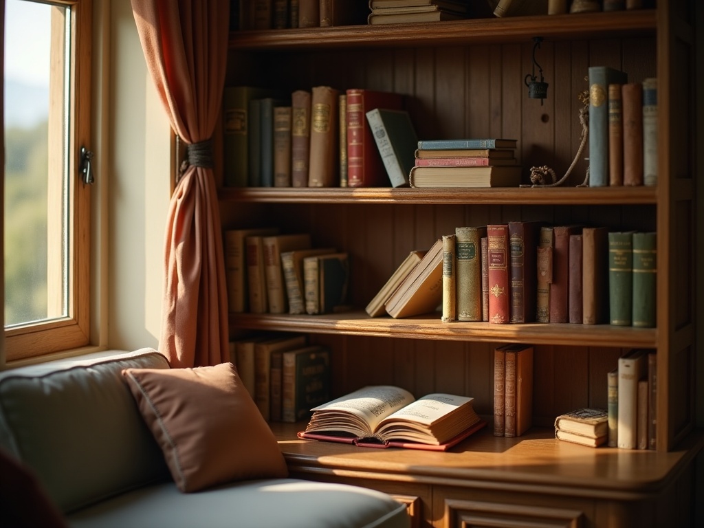 Glass-fronted bookcase displaying miniature book nooks on interior shelves safely away from a sunlit window