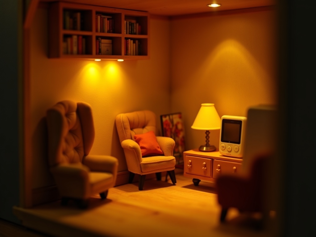 Miniature book nook interior lit with warm-white LEDs connected to a timer smart plug for controlled lighting exposure