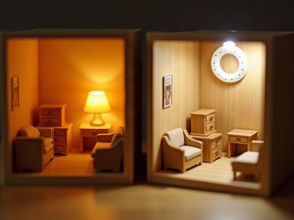 Side-by-side comparison of miniature work lit by a standard lamp versus an LED magnifying lamp showing improved detail clarity
