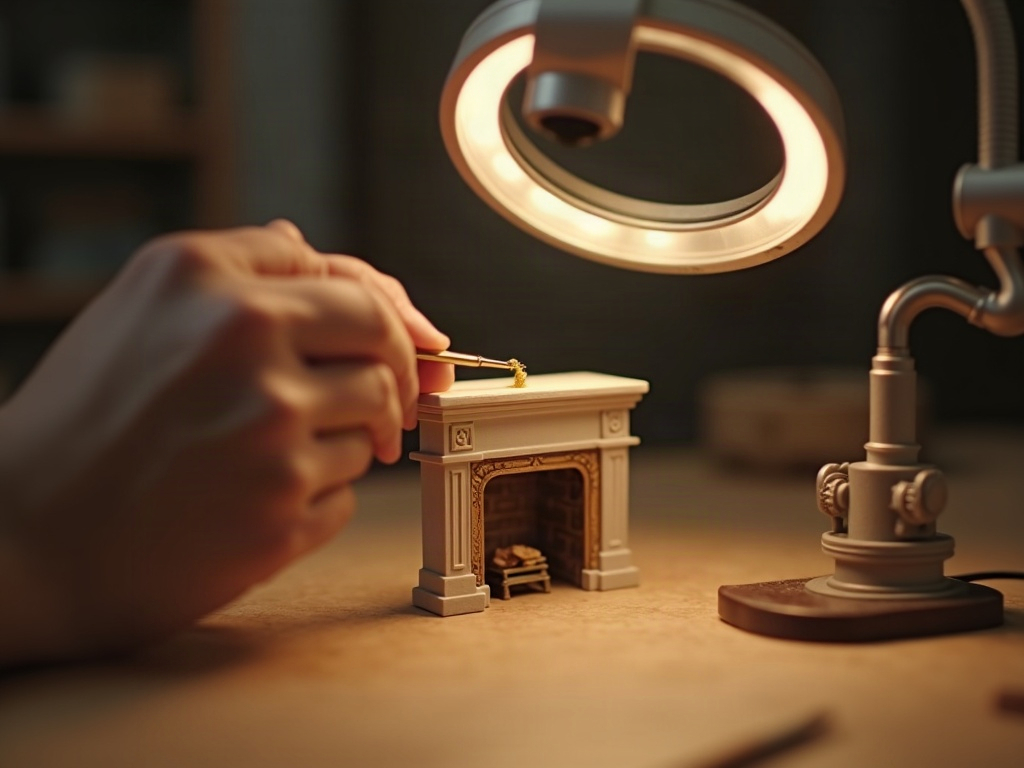 Crafter painting a miniature fireplace mantle detail under an LED magnifying lamp on an articulating arm
