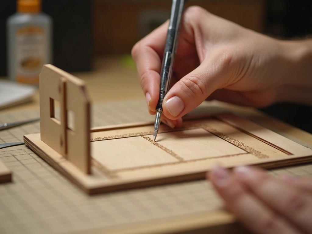 Beginner placing a miniature wooden wall panel with tweezers on a self-healing cutting mat