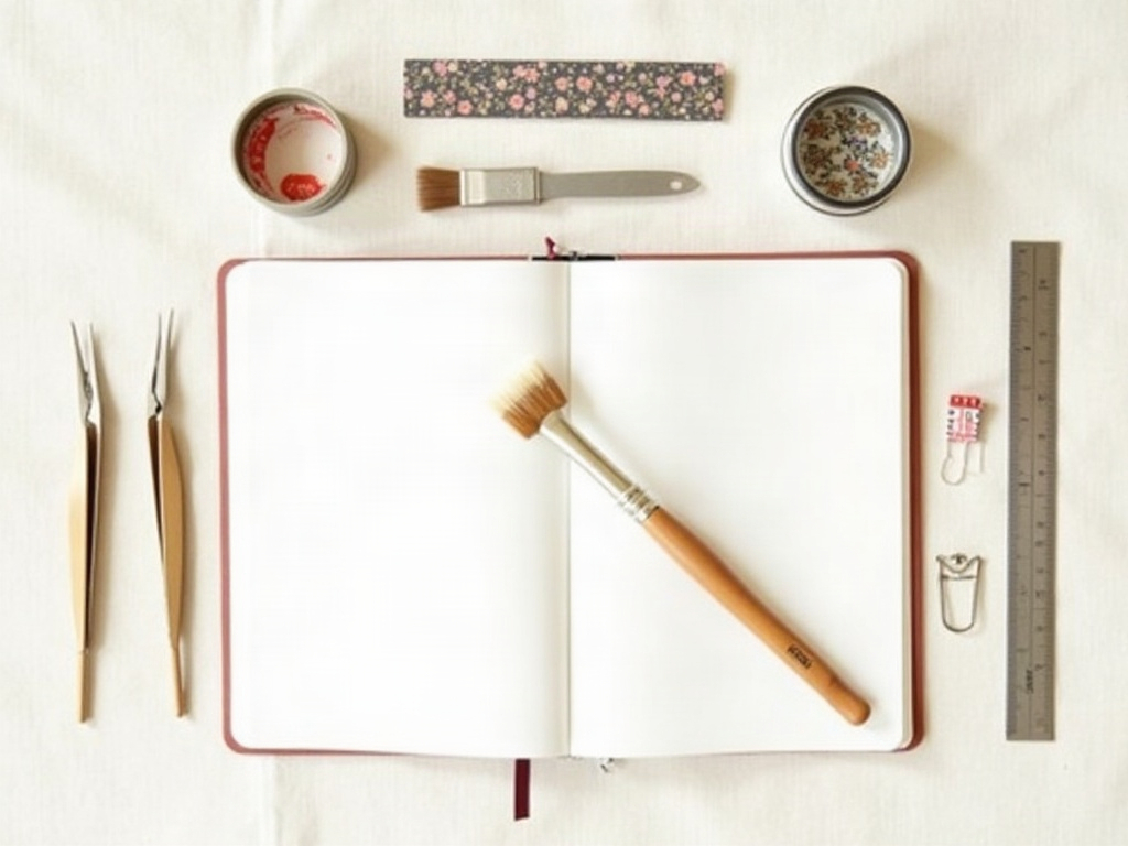 Flat lay of a complete beginner miniature kit toolkit including tweezers, craft knife, metal ruler, and brushes