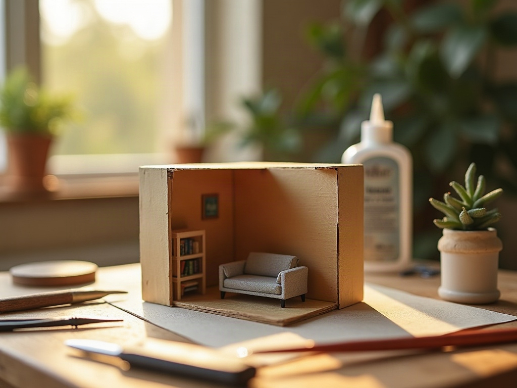 Completed beginner miniature room box beside the basic tools used to build it