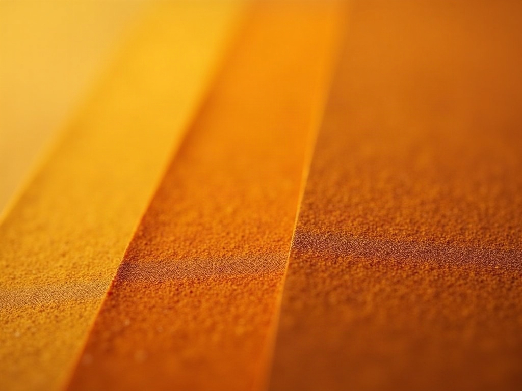 Three sheets of sandpaper showing coarse, medium, and fine grit textures side by side for miniature finishing comparison