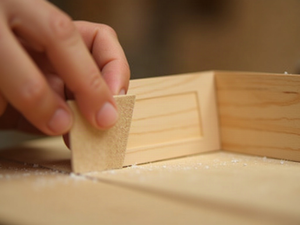 Hand sanding a small basswood dollhouse panel with a folded sandpaper square before priming