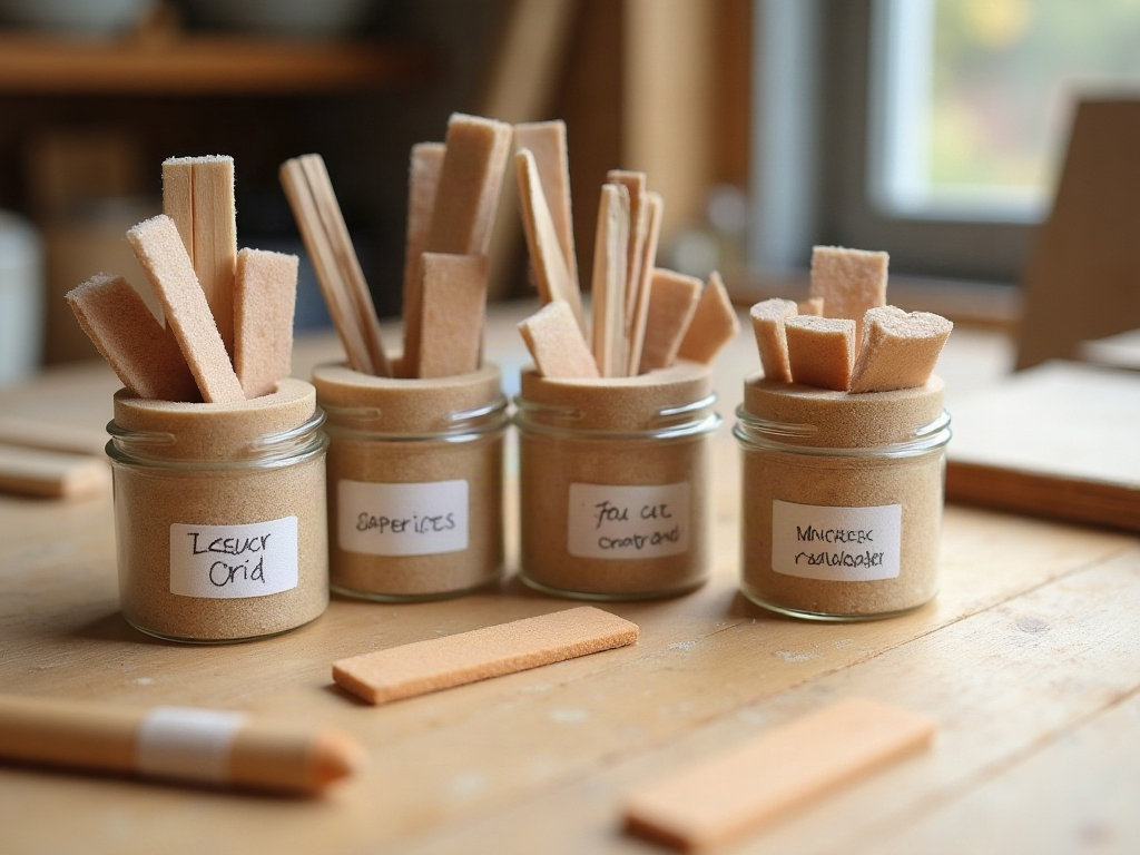 Organized tray of pre-cut miniature sandpaper squares in multiple grits alongside sanding sticks and a polished miniature wood panel