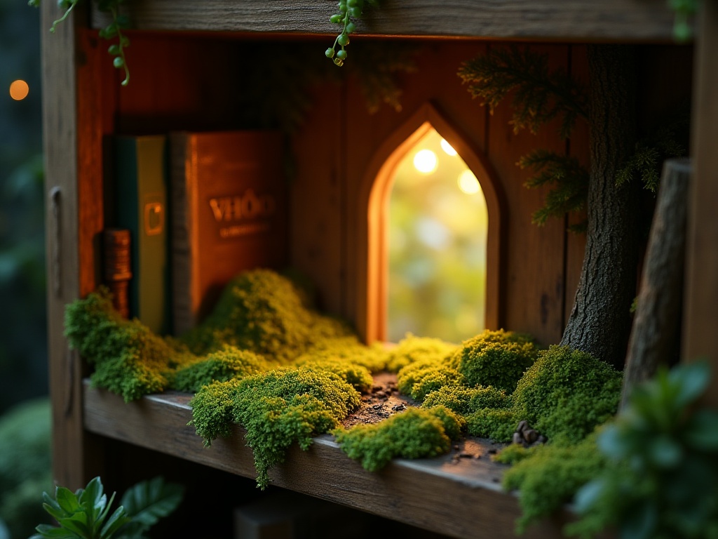 Fantasy forest book nook with moss ground cover and miniature fern foliage under warm amber LED lighting