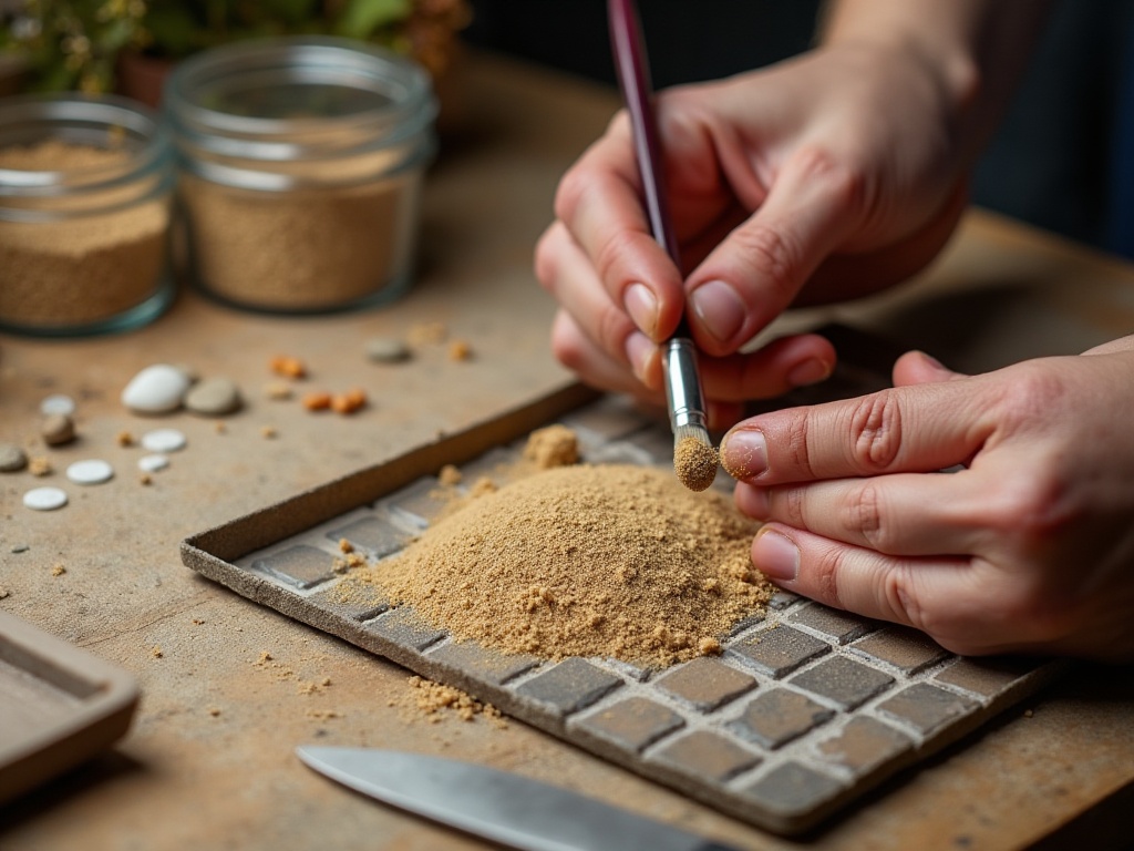 Hands applying fine sand and gravel ground cover to a book nook floor with a small brush and PVA glue