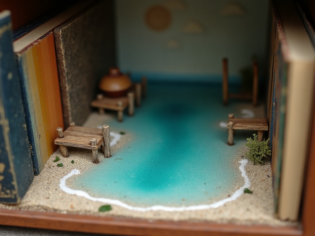 Coastal harbor book nook with two-part epoxy resin water effect in turquoise and teal, fine sand beach, and miniature dock