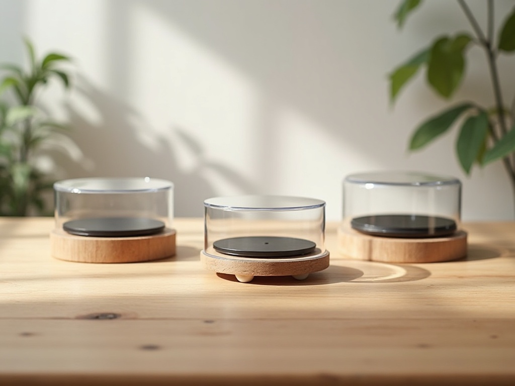 Three rotating miniature display stands in different sizes arranged on a wooden craft table