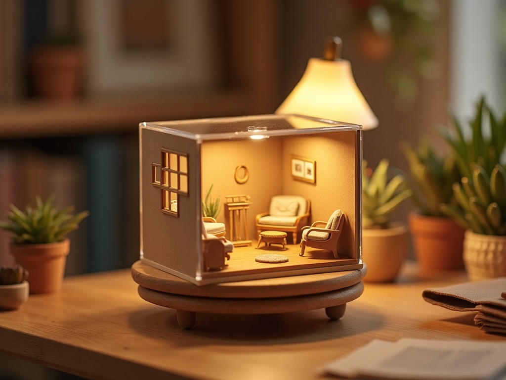 Miniature room box inside a clear acrylic display case on a wooden rotating turntable stand