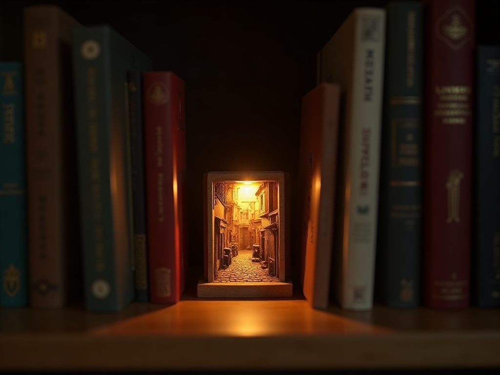 Glowing book nook kit displayed between real books on an IKEA BILLY bookshelf with warm LED lighting