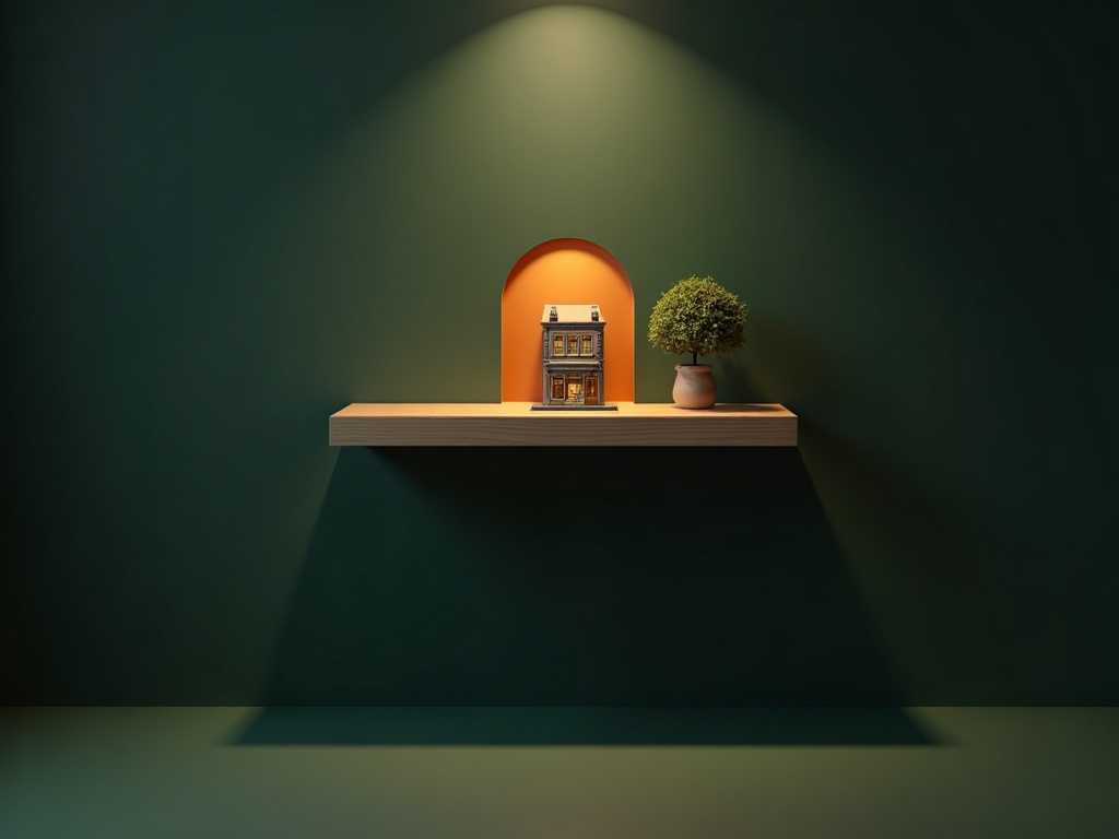 Miniature book nook centered on a wide floating shelf against a dark green wall with spotlight lighting