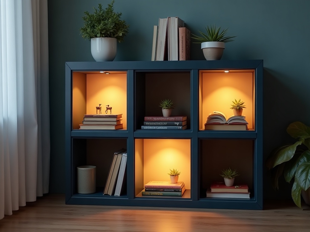Three glowing book nook kits displayed in individual IKEA KALLAX cube shelf cells with dark painted interiors